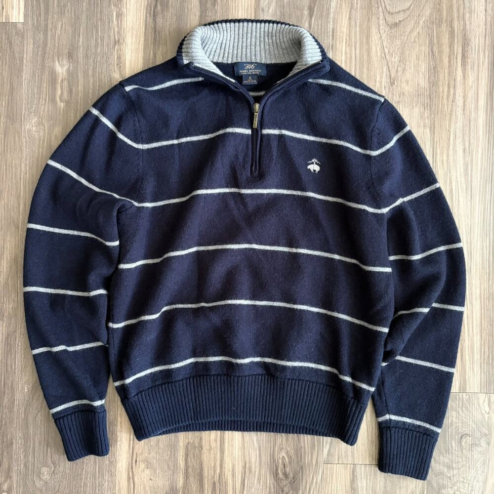 Brooks Brothers Merino Wool Quarter Zip Sweater Women's Size S 346 Navy Striped